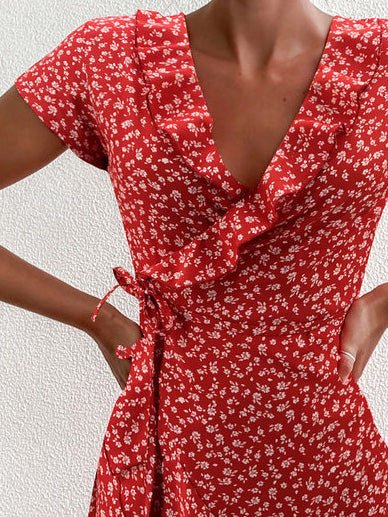Floral V Neck Ruffled Lace Up Dress
