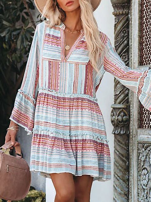 Striped Print V Neck Long Sleeve Dress