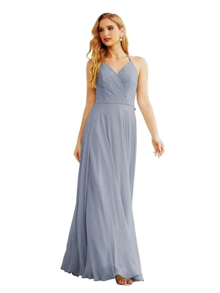 Women's Halter Chiffon Bridesmaid Dresses Wedding Apparel Long Sleeveless Formal Prom Dress with Ruffled Back SEA28035 by numbersea