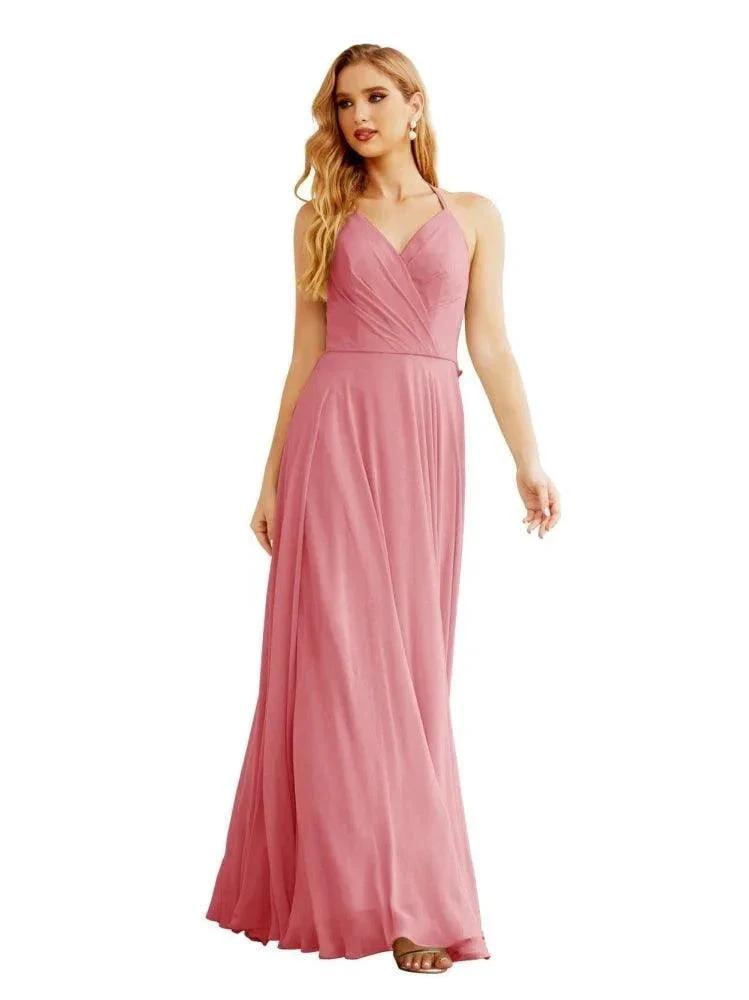 Women's Halter Chiffon Bridesmaid Dresses Wedding Apparel Long Sleeveless Formal Prom Dress with Ruffled Back SEA28035 by numbersea