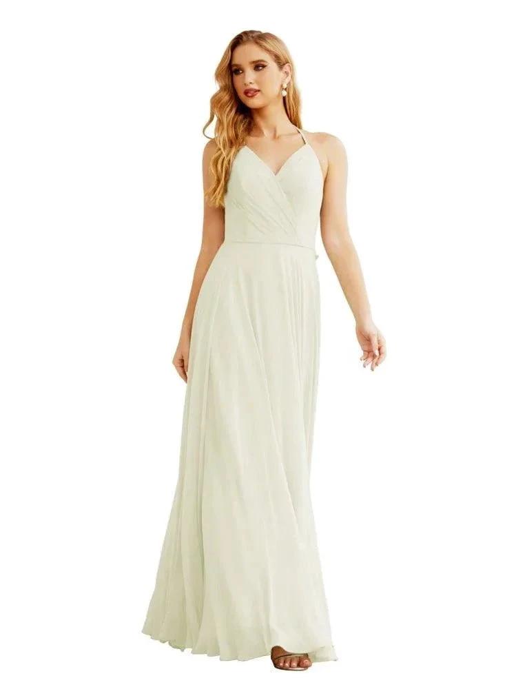 Women's Halter Chiffon Bridesmaid Dresses Wedding Apparel Long Sleeveless Formal Prom Dress with Ruffled Back SEA28035 by numbersea