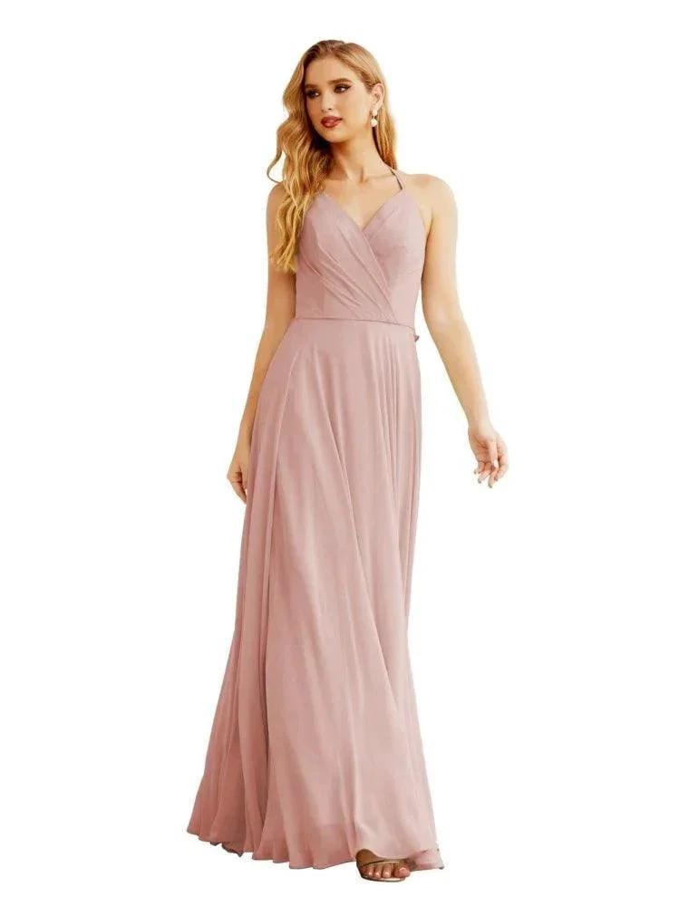 Women's Halter Chiffon Bridesmaid Dresses Wedding Apparel Long Sleeveless Formal Prom Dress with Ruffled Back SEA28035 by numbersea