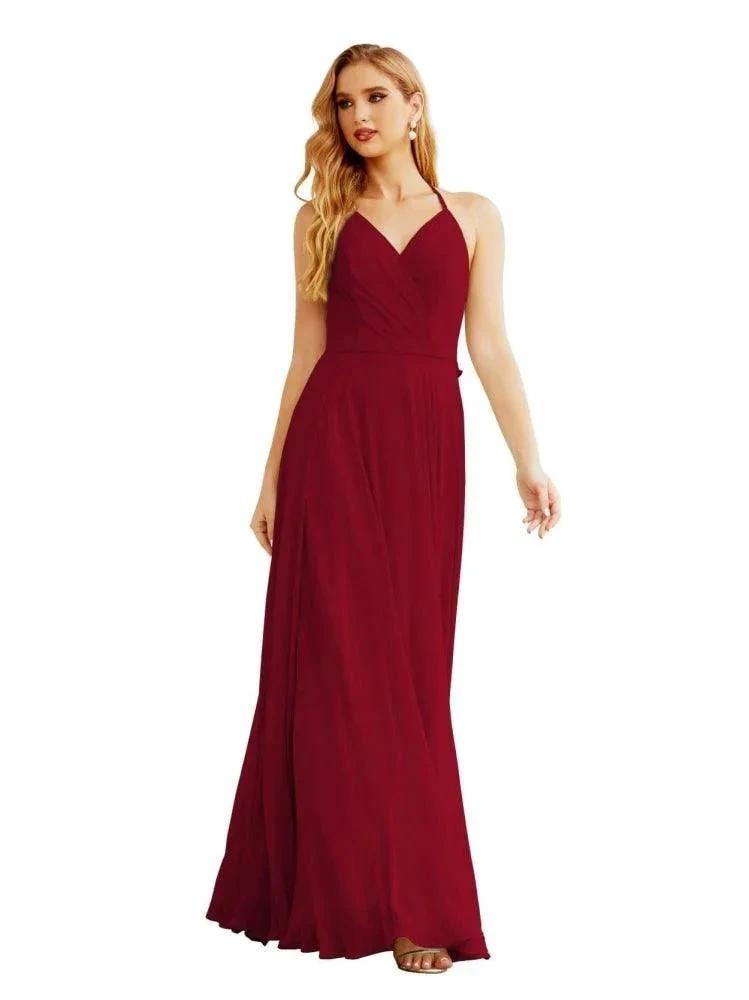 Women's Halter Chiffon Bridesmaid Dresses Wedding Apparel Long Sleeveless Formal Prom Dress with Ruffled Back SEA28035 by numbersea