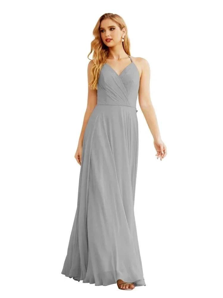 Women's Halter Chiffon Bridesmaid Dresses Wedding Apparel Long Sleeveless Formal Prom Dress with Ruffled Back SEA28035 by numbersea