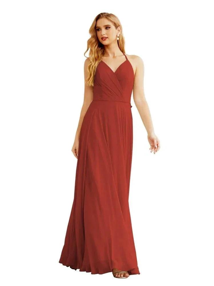 Women's Halter Chiffon Bridesmaid Dresses Wedding Apparel Long Sleeveless Formal Prom Dress with Ruffled Back SEA28035 by numbersea