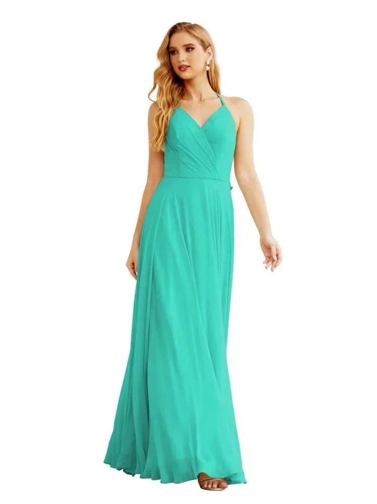 Women's Halter Chiffon Bridesmaid Dresses Wedding Apparel Long Sleeveless Formal Prom Dress with Ruffled Back SEA28035 by numbersea