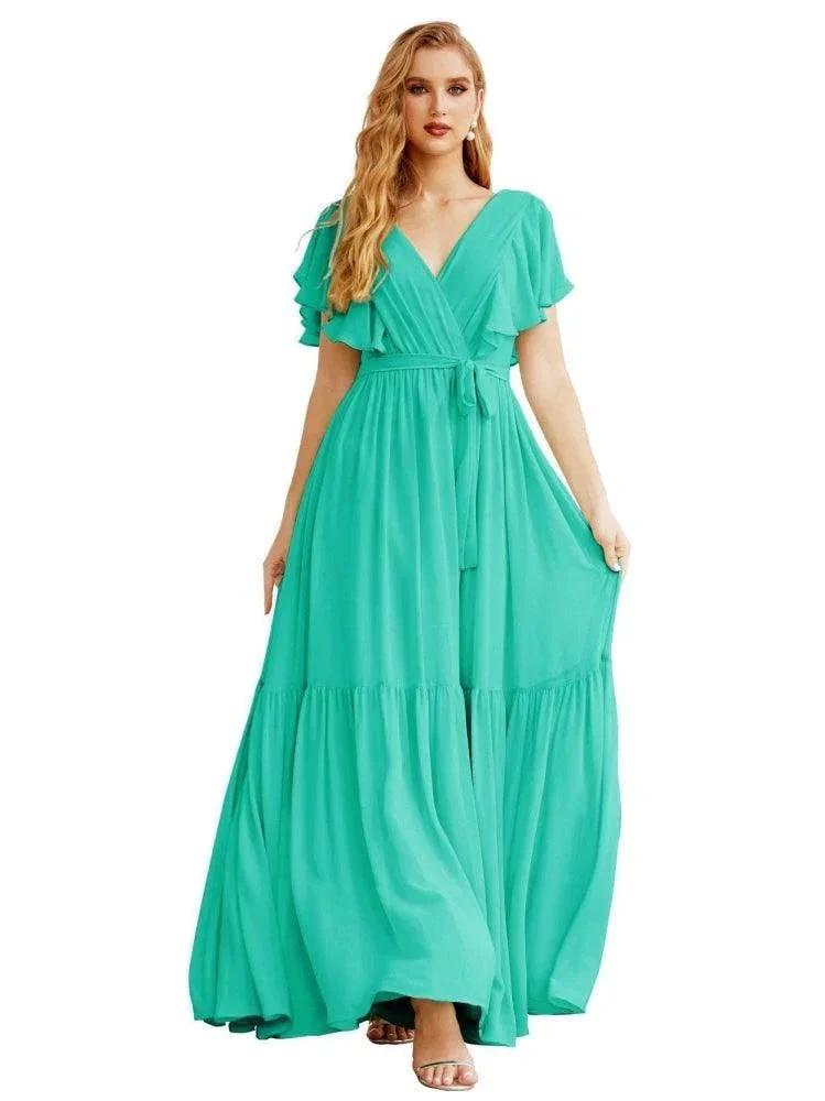 Women's Open Back Formal Evening Party Prom Gowns V-Neck Long Chiffon Bridesmaid Dresses with Waist Belt SEA28038 by numbersea