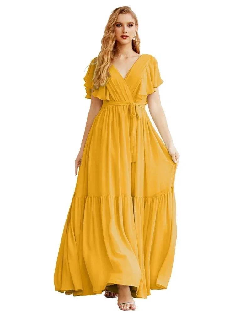 Women's Open Back Formal Evening Party Prom Gowns V-Neck Long Chiffon Bridesmaid Dresses with Waist Belt SEA28038 by numbersea
