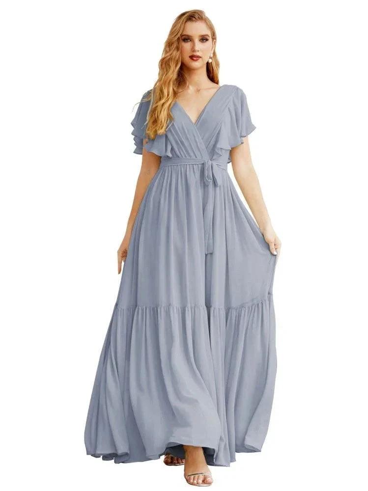 Women's Open Back Formal Evening Party Prom Gowns V-Neck Long Chiffon Bridesmaid Dresses with Waist Belt SEA28038 by numbersea