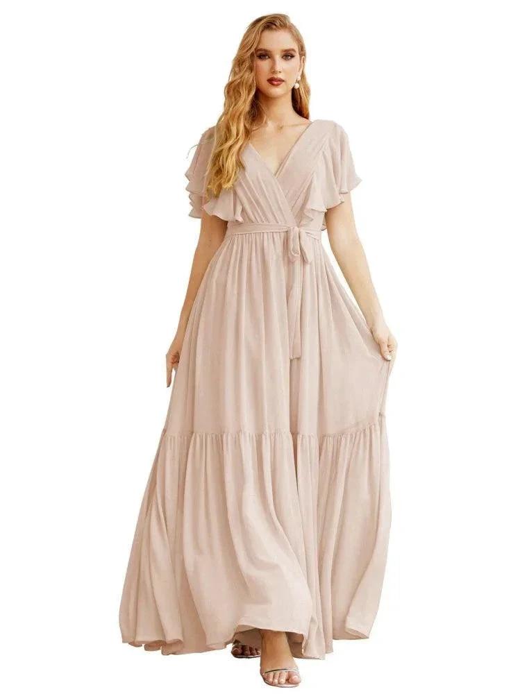 Women's Open Back Formal Evening Party Prom Gowns V-Neck Long Chiffon Bridesmaid Dresses with Waist Belt SEA28038 by numbersea