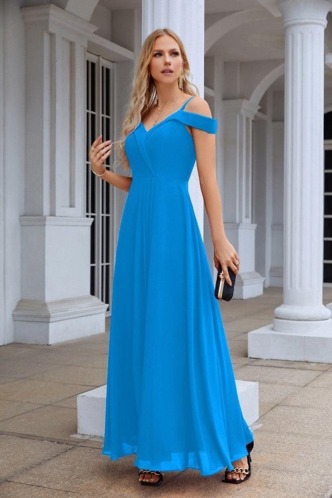 Women's thin strap off the shoulder bridesmaid mopping the floor evening dress 28093 by numbersea