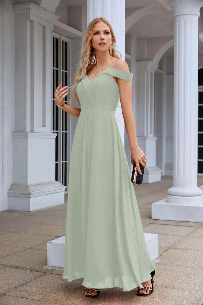 Women's thin strap off the shoulder bridesmaid mopping the floor evening dress 28093 by numbersea