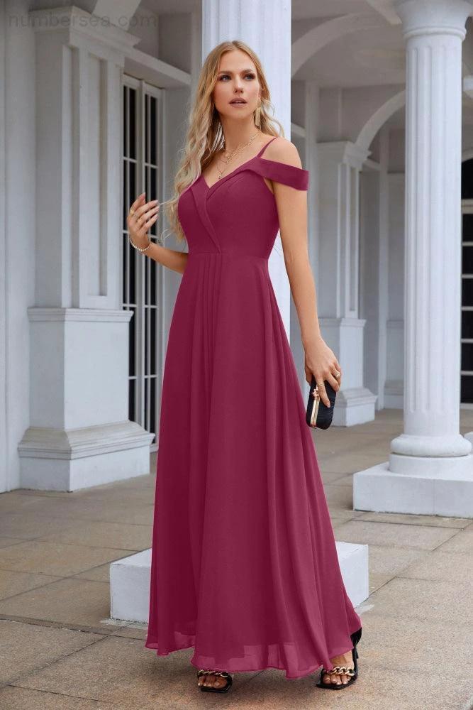 Women's thin strap off the shoulder bridesmaid mopping the floor evening dress 28093 by numbersea