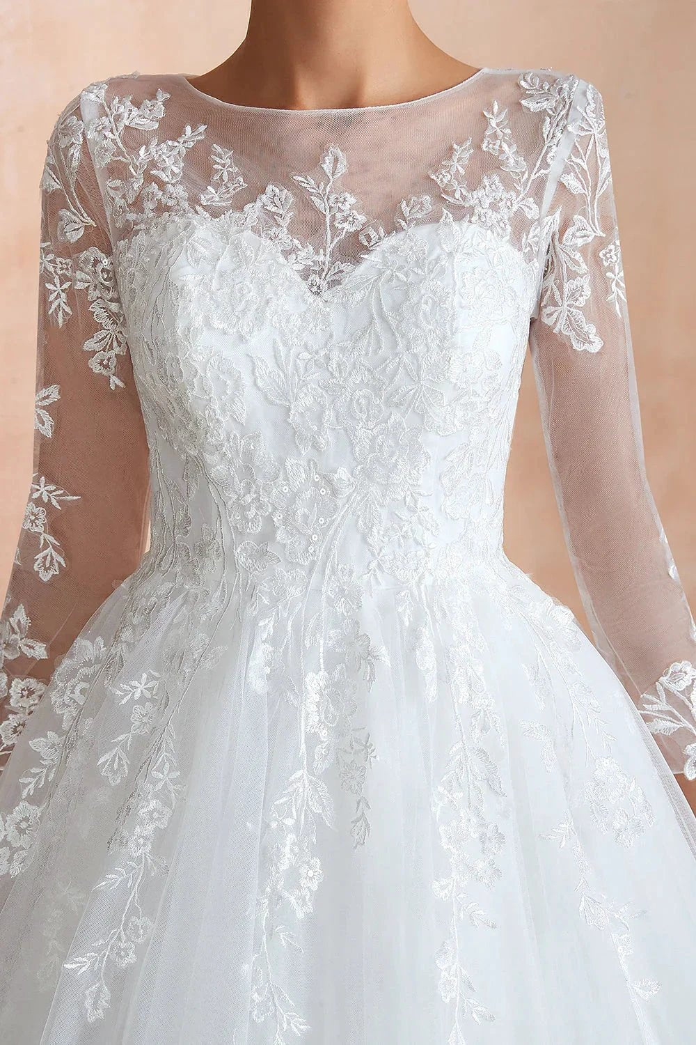 Wonderful Long A-line Appliques Tulle Wedding Dress with Sleeves (ZD14402)