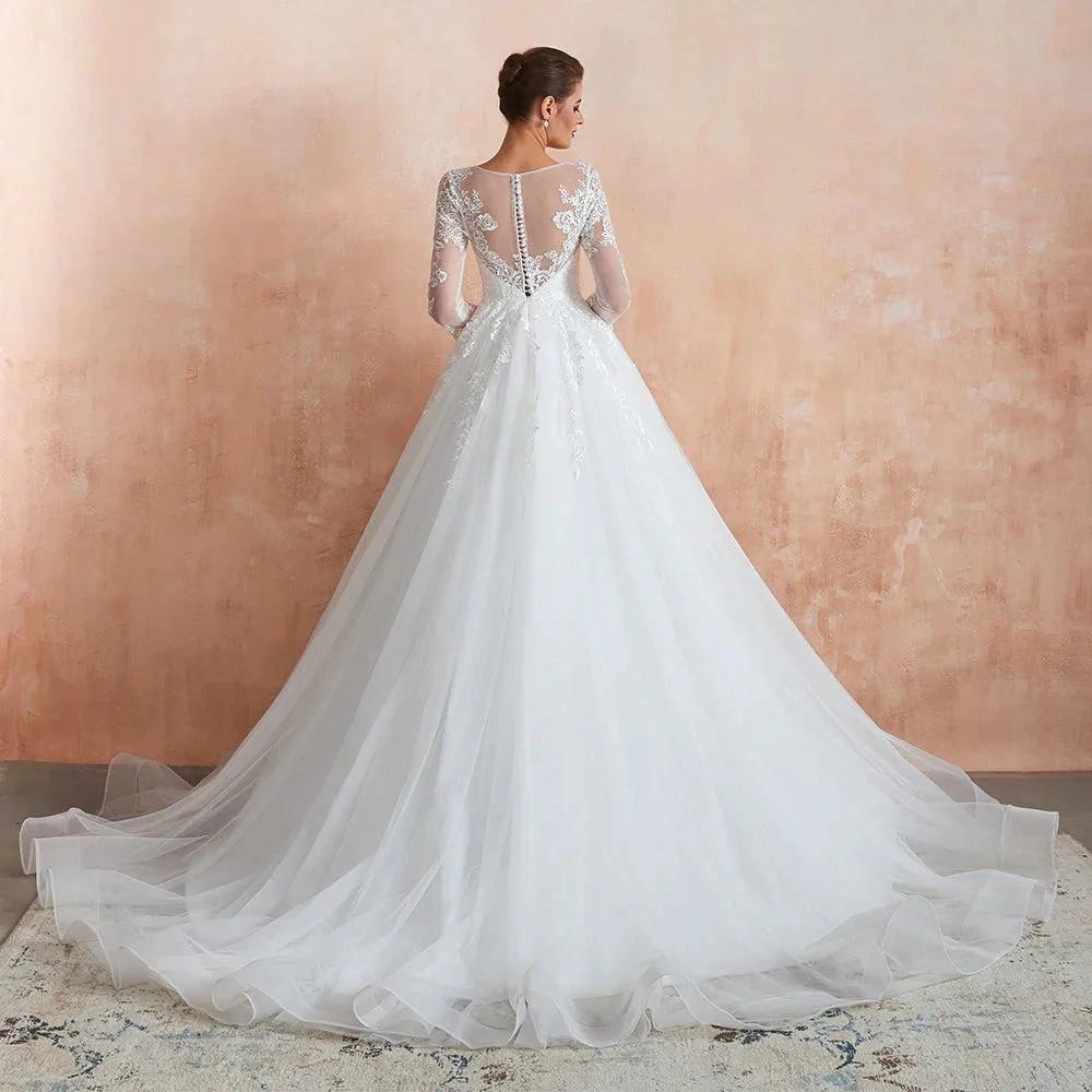 Wonderful Long A-line Appliques Tulle Wedding Dress with Sleeves (ZD14402)