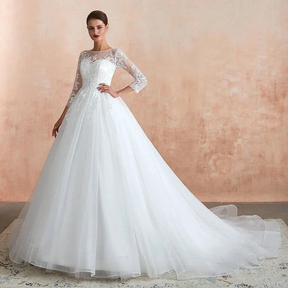Wonderful Long A-line Appliques Tulle Wedding Dress with Sleeves (ZD14402)