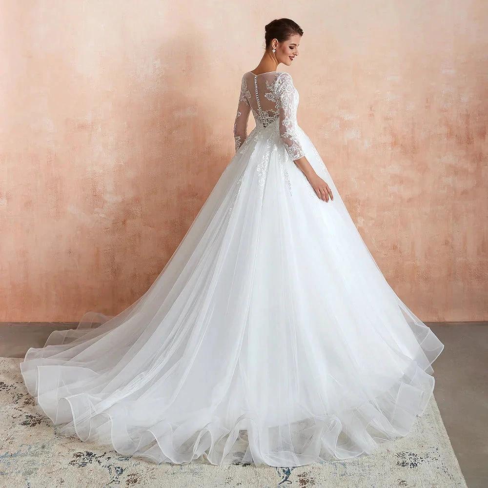 Wonderful Long A-line Appliques Tulle Wedding Dress with Sleeves (ZD14402)