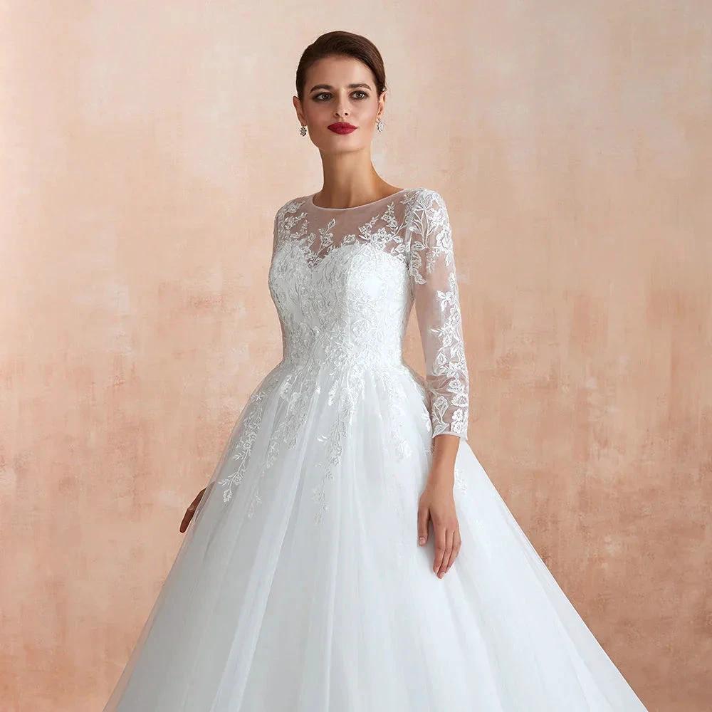 Wonderful Long A-line Appliques Tulle Wedding Dress with Sleeves (ZD14402)