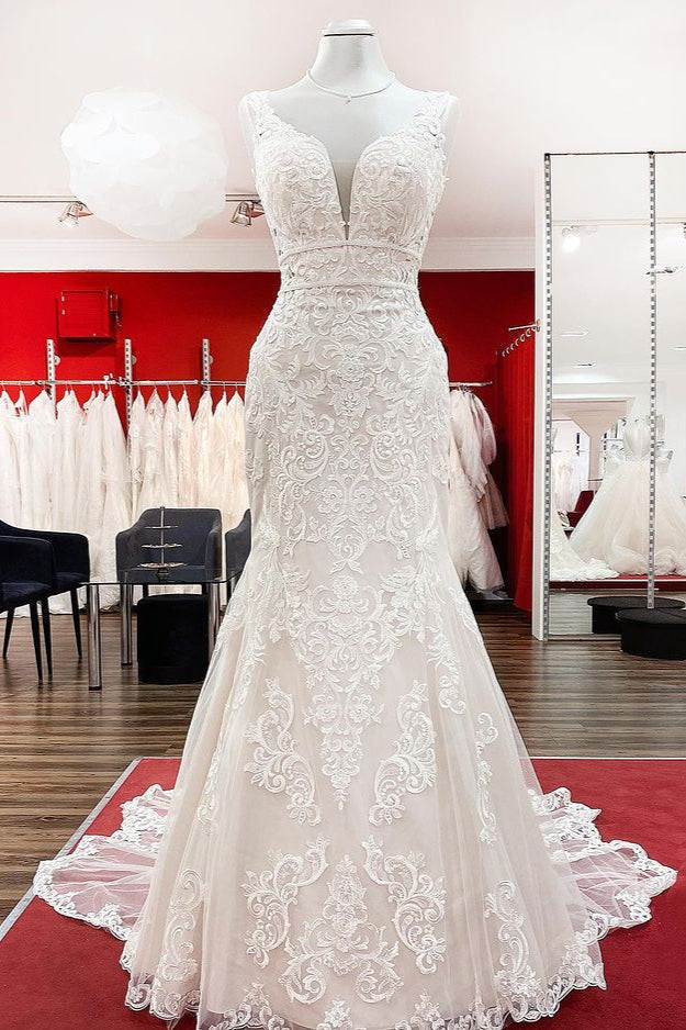 Wonderful Sleeveless Tulle Ivory Lace Backless Mermaid Wedding Dresses (ZD17540) - VelvetHem