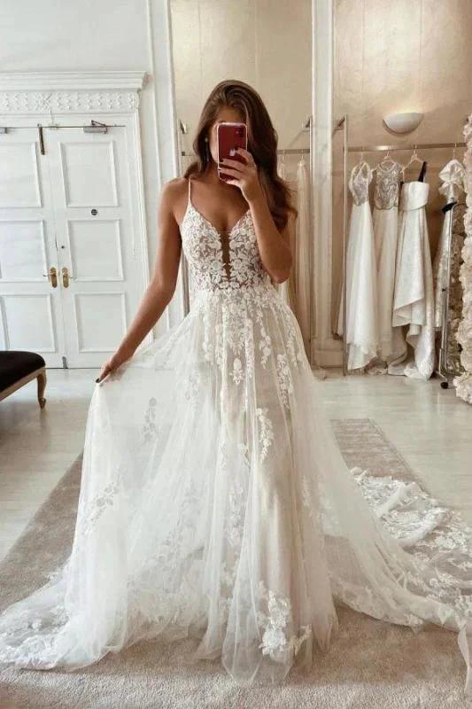 Wonderful Spaghetti Straps Appliques Tulle A-Line Wedding Dresses (ZD16557) - VelvetHem