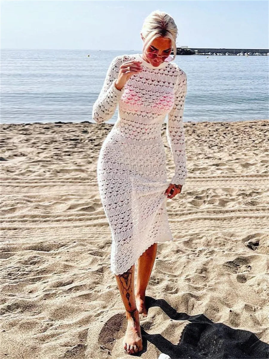 Backless Tie Up Knit Crochet HollowOut Beach Maxi Dress