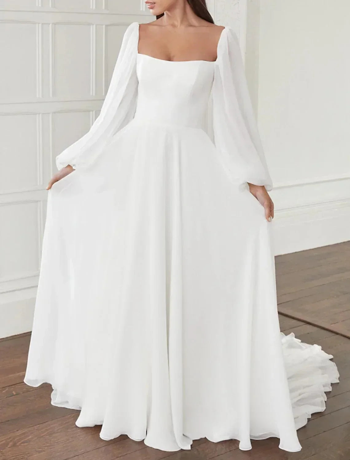 Hall Casual Wedding Dresses A-Line Square Neck Long Sleeve Court Train Chiffon Bridal Gowns With Bow(s) Solid Color - VelvetHem