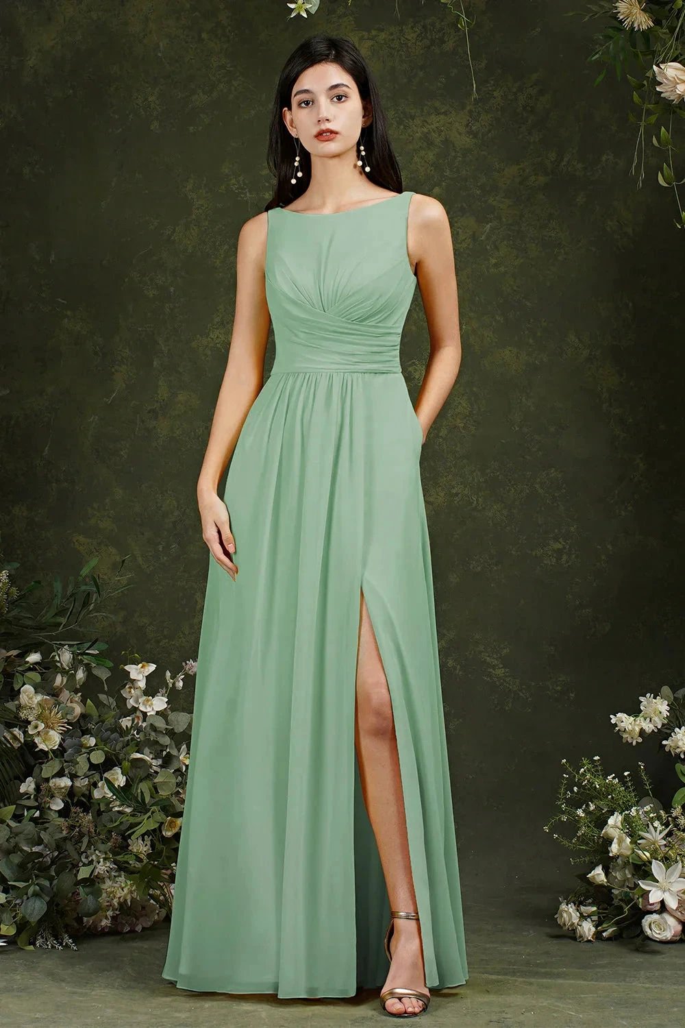 Yellow Bateau A-Line Chiffon Ruffles Split Floor-length Bridesmaid Dress With Pockets (ZD13144) - VelvetHem