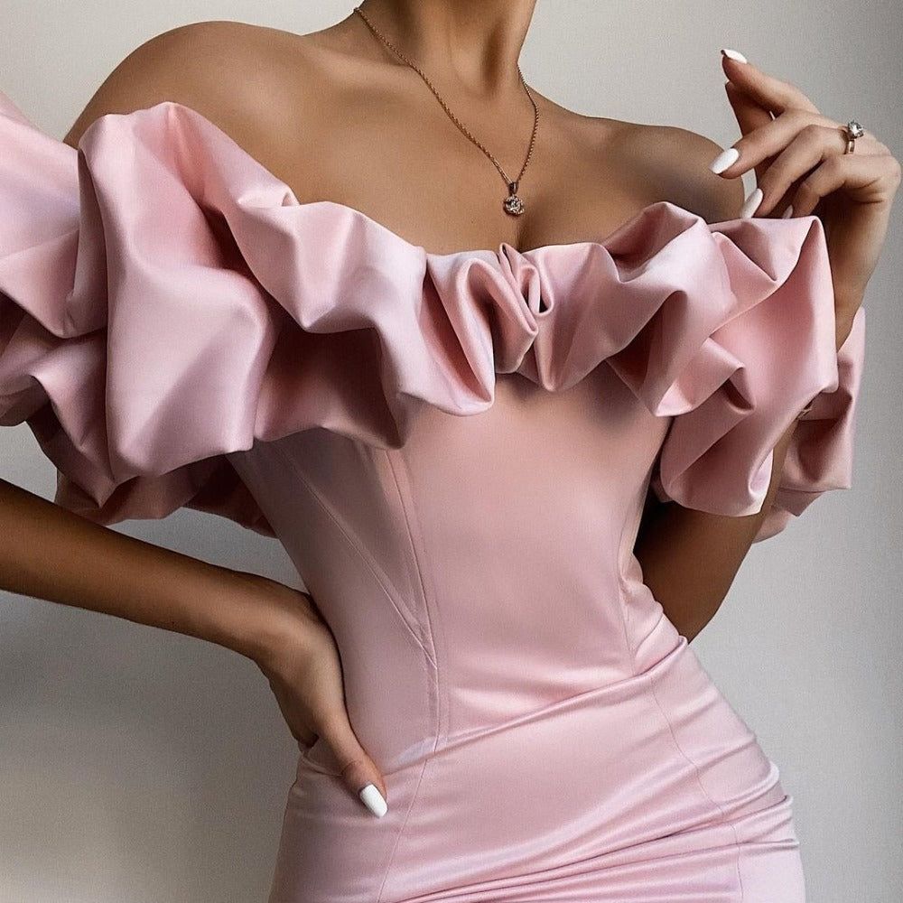 Zari Satin Ruffles Off Shoulder Mini Dress - Pink