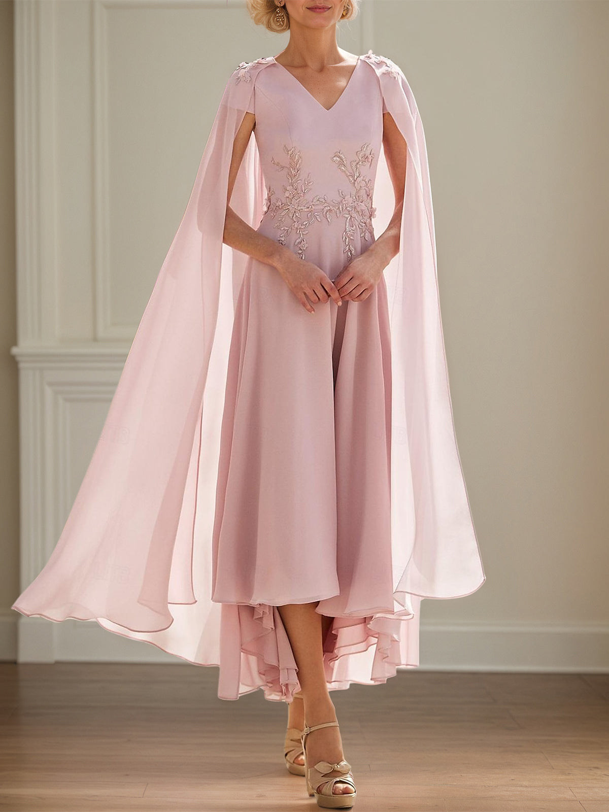 Pink Chiffon A Line V Neck Short Sleeves Ankle Length Mother of the Bride Dresses - VelvetHem
