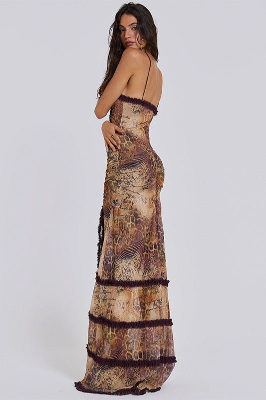 Wilma Aesthetic Printed Maxi Slip Dress with Cut Outs and Ruffles Boutique Collection