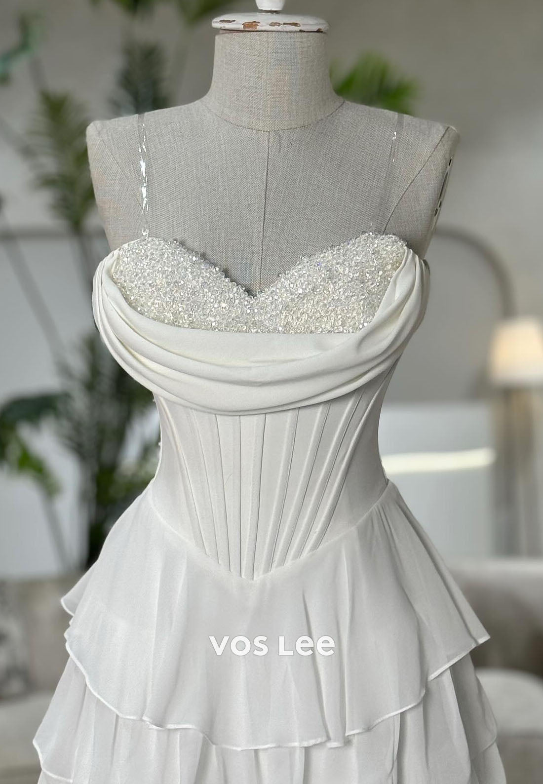 White Sweetheart Crystals Tiered A-line Long Prom Dresses