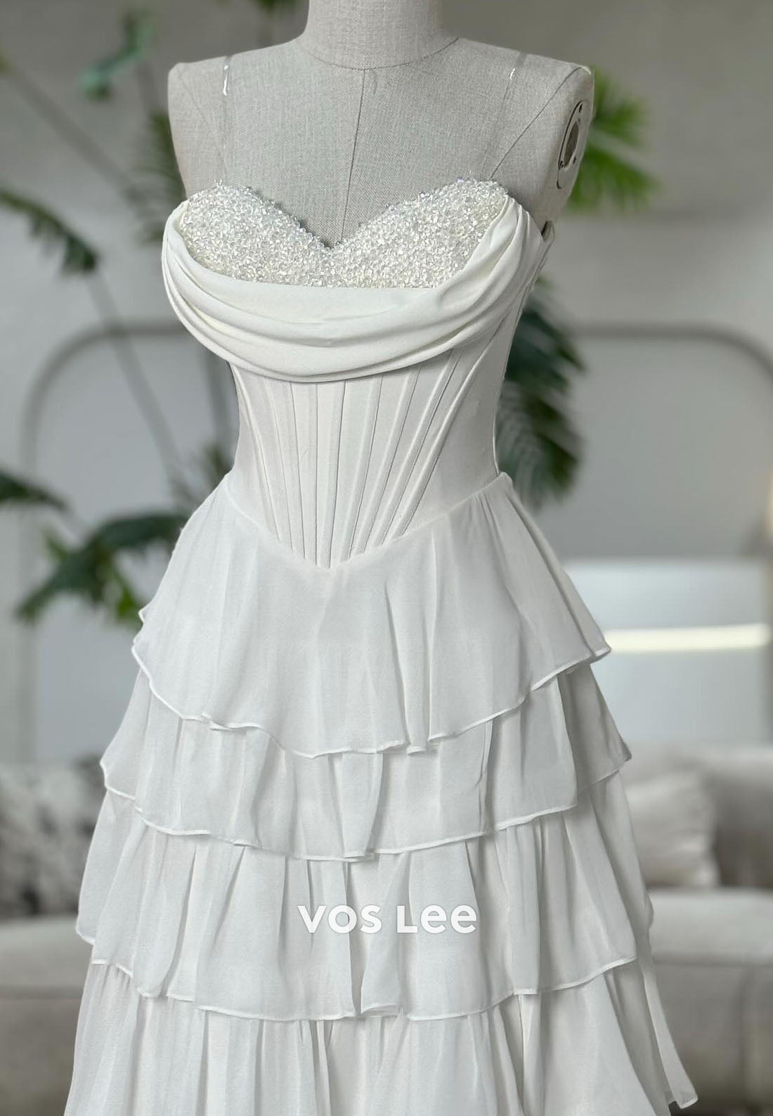White Sweetheart Crystals Tiered A-line Long Prom Dresses