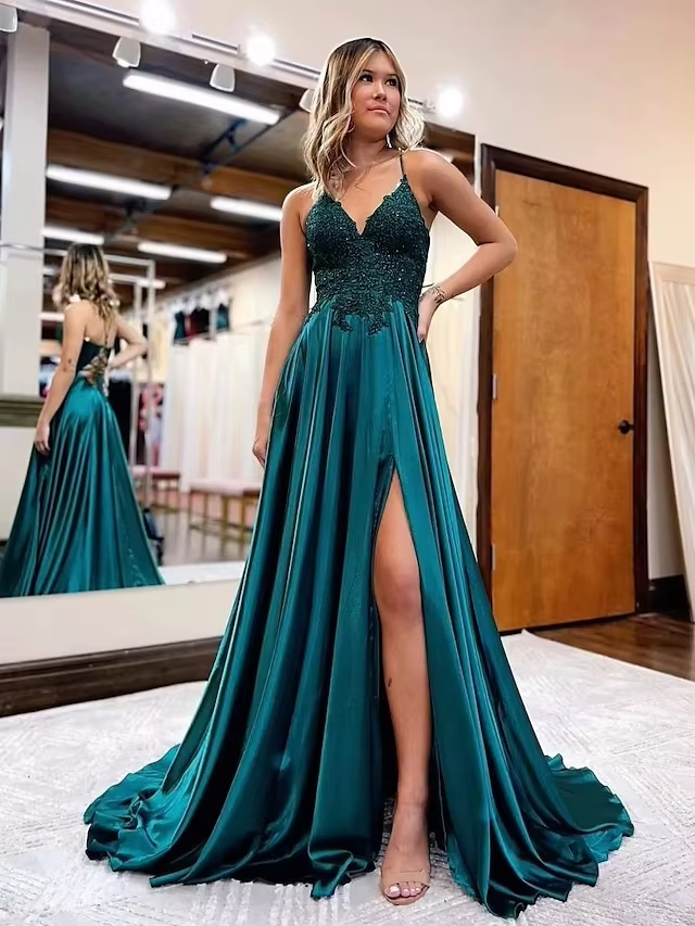 Elegant long a-line satin prom dresses v-neck split formal gown with lace appliques