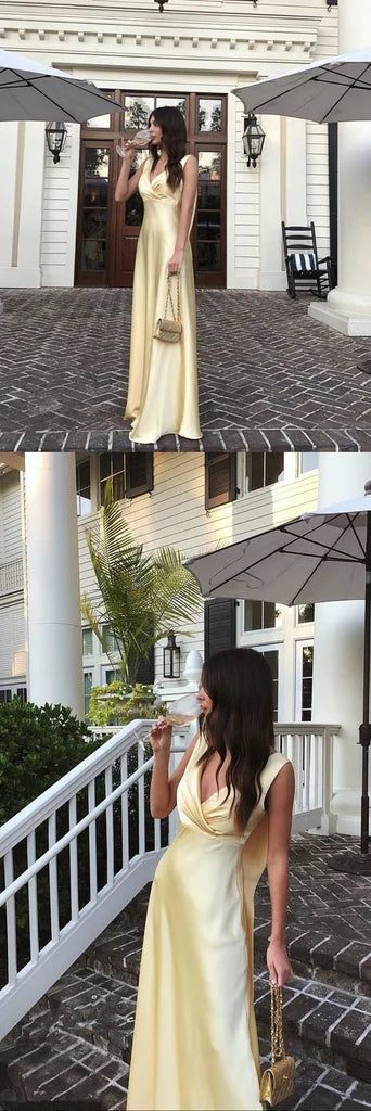 Gorgeous A Line V Neckline Yellow Floor Length Evening Dress Prom Dresses - View 4 | VelvetHem