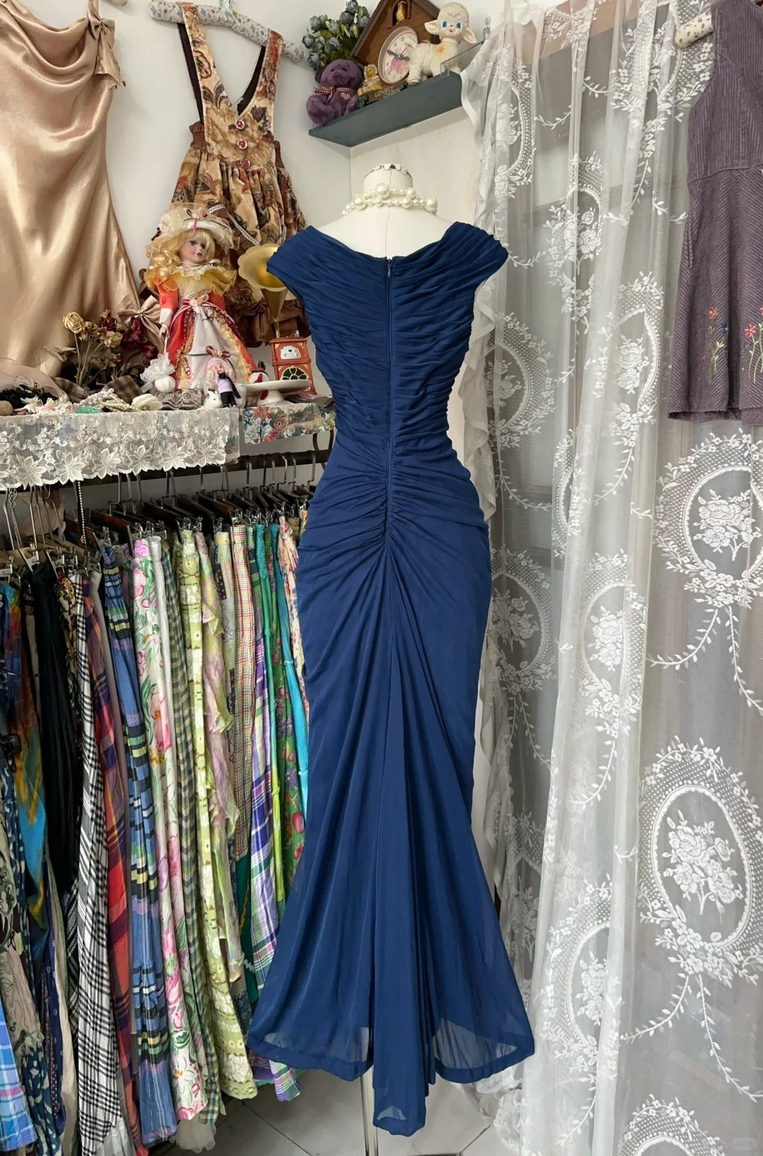 Navy Blue Mermaid Pleat Prom Dress Evening Party Dress fg7385 - View 2 | VelvetHem