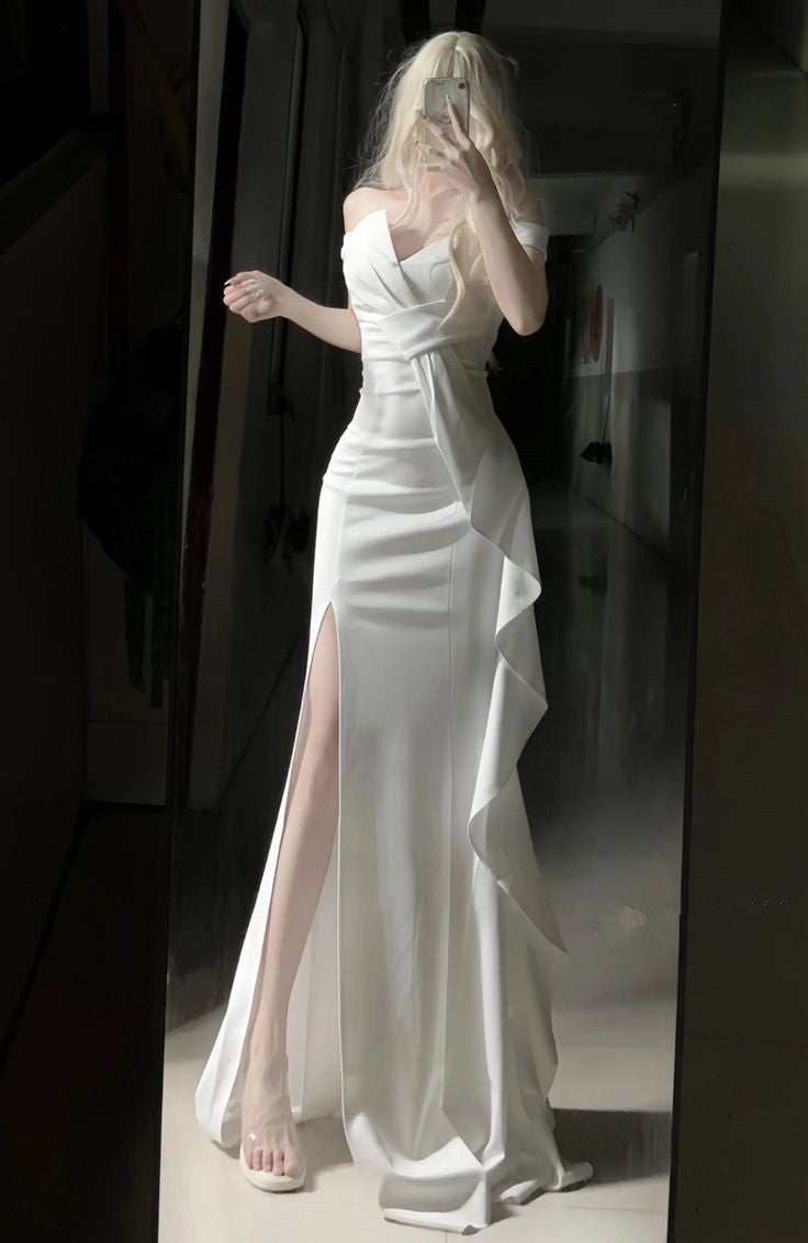 White Off Shoulder Long Prom Gown Evening Dress fg7392 - VelvetHem