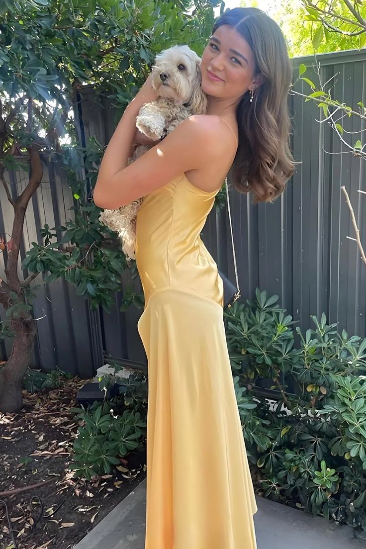 Yellow Spaghetti Straps Long Prom Dress With Slit fg6898 - View 8 | VelvetHem