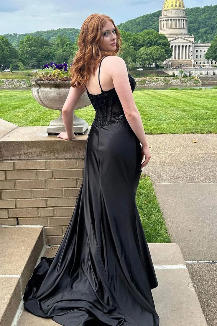 Spaghetti Straps Appliques Satin High Slit Party Prom Formal Evening Dress fg6988 - View 10 | VelvetHem