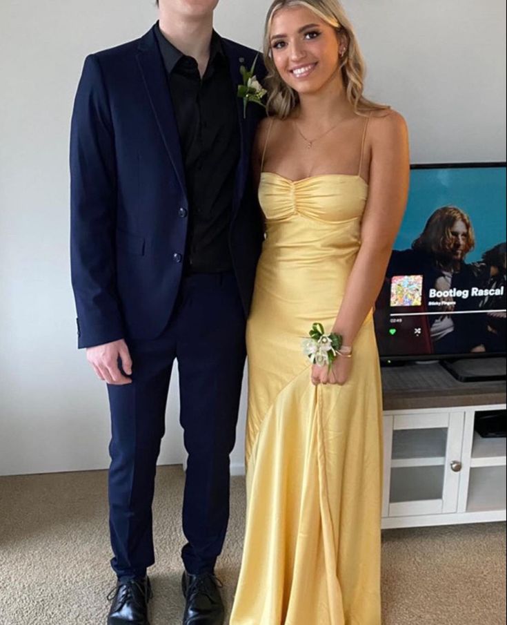 Yellow Spaghetti Straps Long Prom Dress With Slit fg6898 - View 3 | VelvetHem