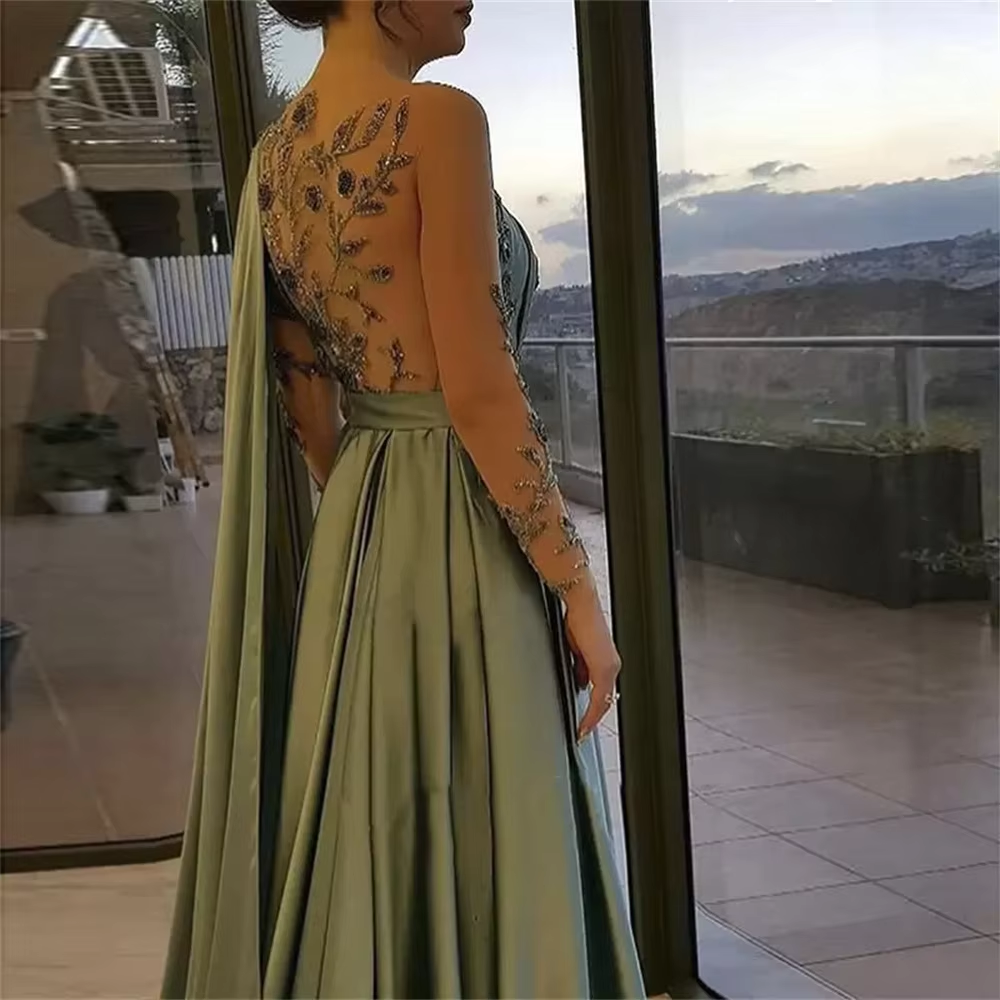 Evening Dresses One Shoulder Full Length Satin A Line Long Sleeves Formal Party Dress Prom Gown fg6768 - View 4 | VelvetHem