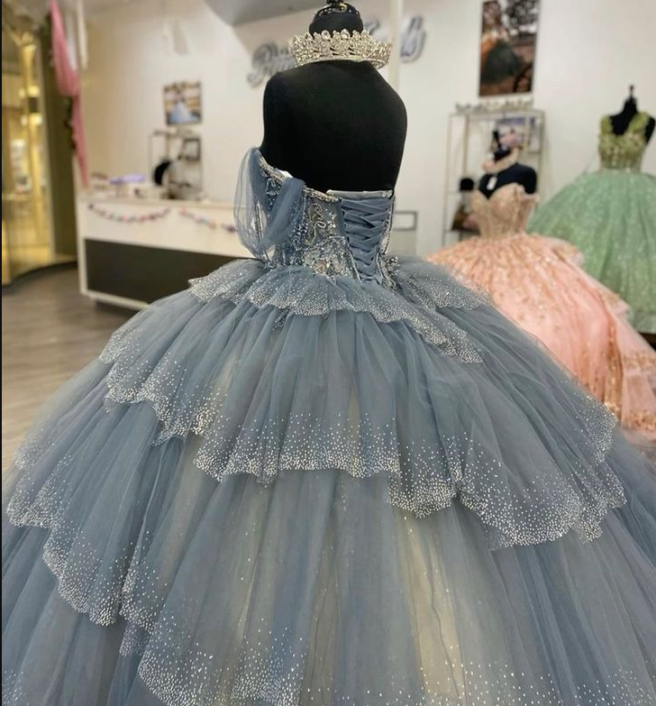 Princess Dresses Ball Gown Off Shoulder Vestido De Quinceanera Tiered Skirt Glitter Sequins Tulle 15 Masquerade Dress fg6817 - View 2 | VelvetHem