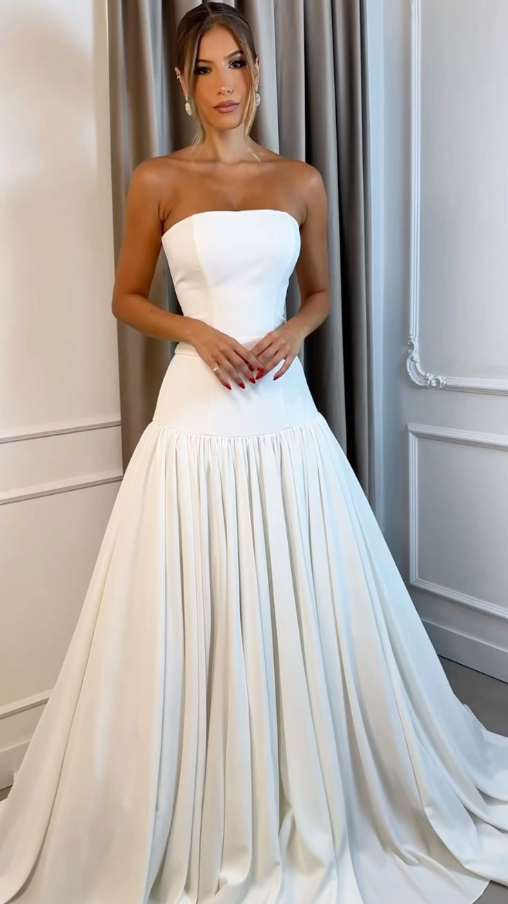 A Line White Strapless Satin Elegant Wedding Dresses Princess Bridal Gown fg7336 - VelvetHem
