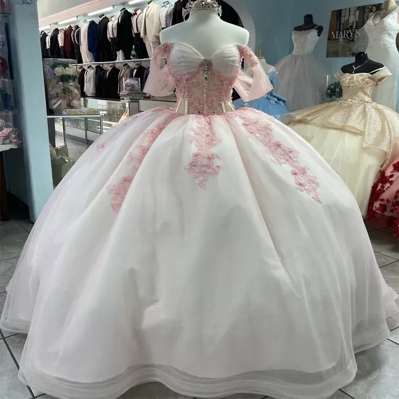 Pink Lace Quinceanera Dress Ball Gown Applique Lace Tulle Party Sweet 16 Dress fg7352 - VelvetHem