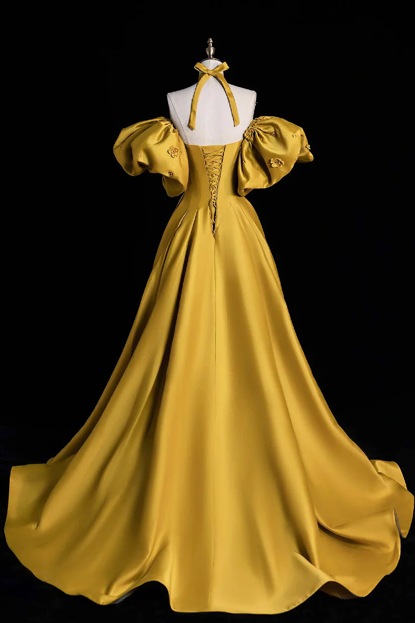 Yellow Satin Lace Long Prom Dress, Beautiful A-Line Off the Shoulder Evening Party Dress fg6755 - View 2 | VelvetHem