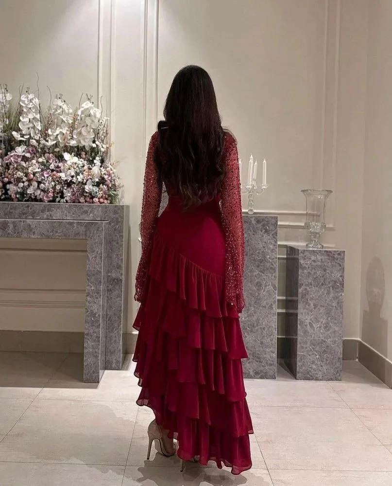 Women's Ankle Length Sequin Dress O Neck Tiered Burgundy Evening Dress fg6730 - View 3 | VelvetHem