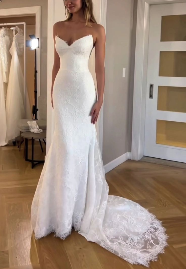 Mermaid V Neck Lace Long Wedding Dresses, Elegant Wedding Dress fg7180 - VelvetHem