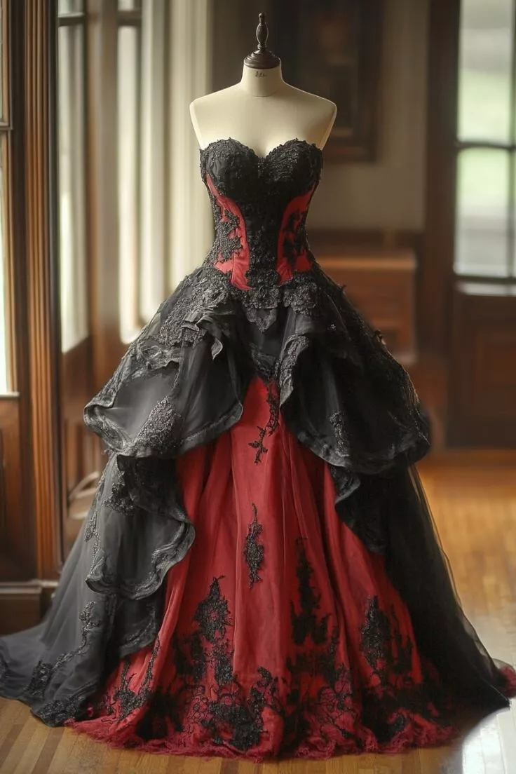 Ball Gown Black Red Corset Applique Lace Ruffle Evening Dress fg7235 - View 2 | VelvetHem