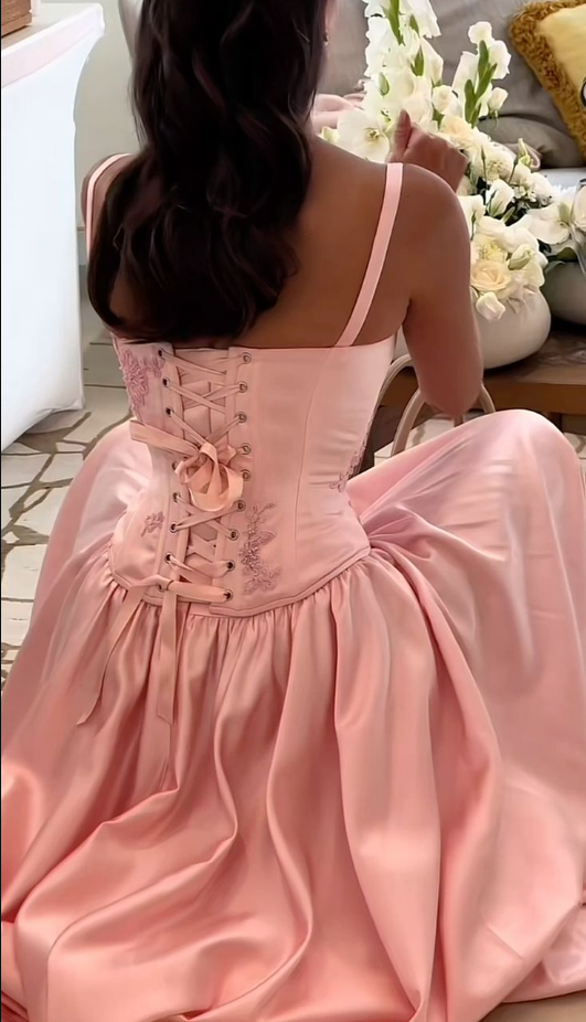 Elegant Pink Satin A-Line Long Evening Dress Bridesmaid Dress fg7255 - View 4 | VelvetHem