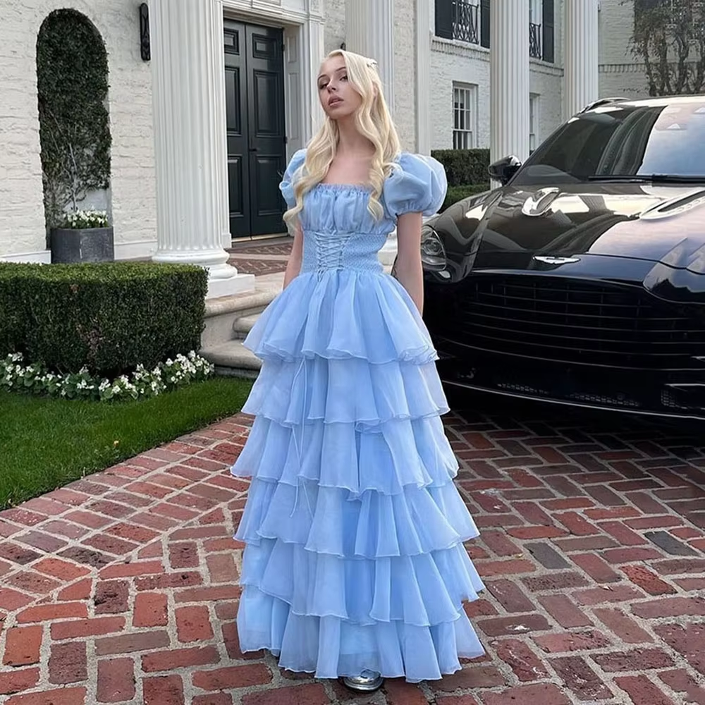 Sky Blue Tiered Skirt Prom Dress Puff Short Sleeves Formal Party Evening Gown fg7259 - View 6 | VelvetHem