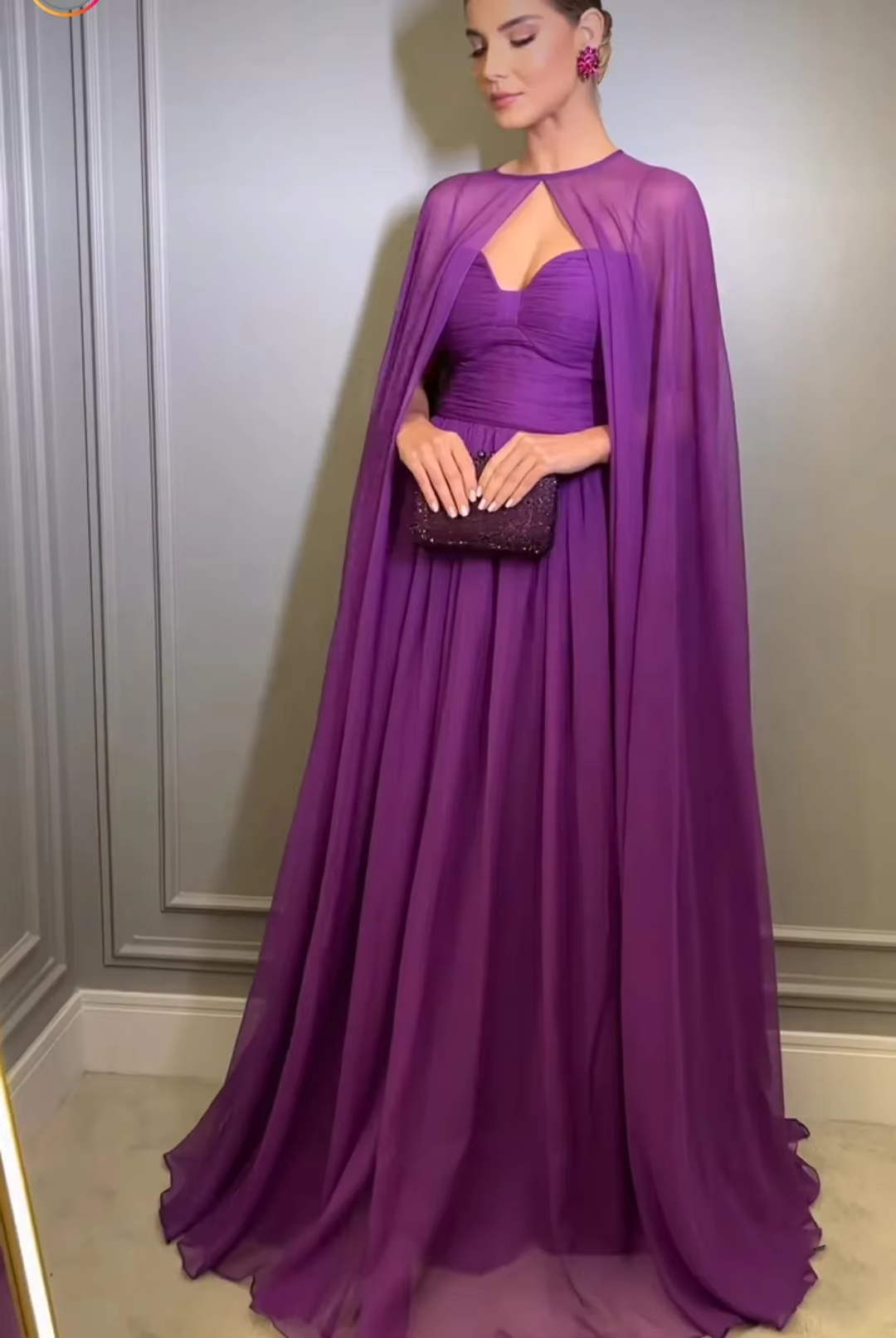 Elegant Purple Chiffon Long Evening Dress with Cape A-Line Pleated Floor Length Formal Prom Gown fg7269 - View 2 | VelvetHem